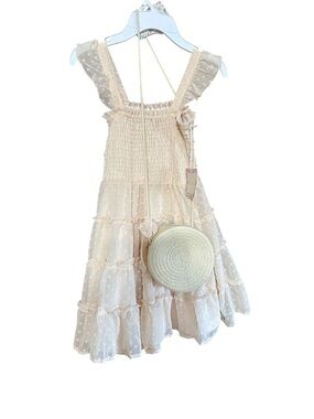 Btween Girls Peach Swiss Dot Tiered Ruffle Dress with Straw Purse NWT